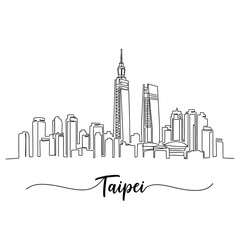 Obraz premium Taipei City Skyline Illustration, One-Line Drawing, Monochrome Graphic