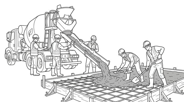 Construction Workers Pouring Concrete from Mixer Truck into Foundation Slab Line Art Illustration