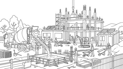 Fototapeta premium Construction Site Coloring Page with Workers, Concrete Truck, and Sustainable Building Features
