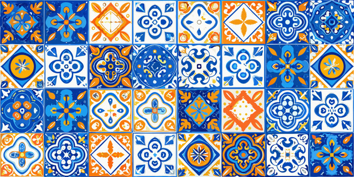 Floral ornament pattern with blue and orange geometric tiles