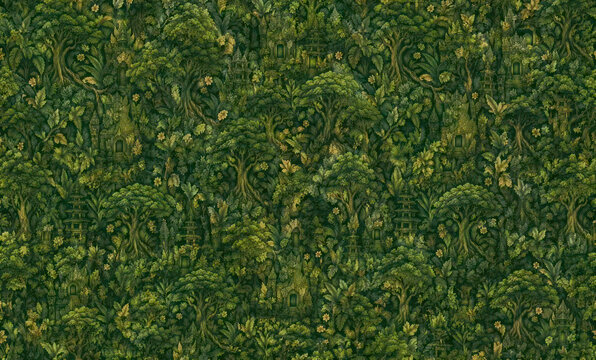 Ancient Jungle Temple Sanctuary Lush Green Seamless Pattern, Luxury Balinese Tropical Background