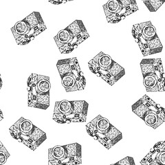 seamless pattern camera retro technology devices hand drawn. digital joy, control gamer, old play toy retro technology devices black sketch illustration © PikePicture