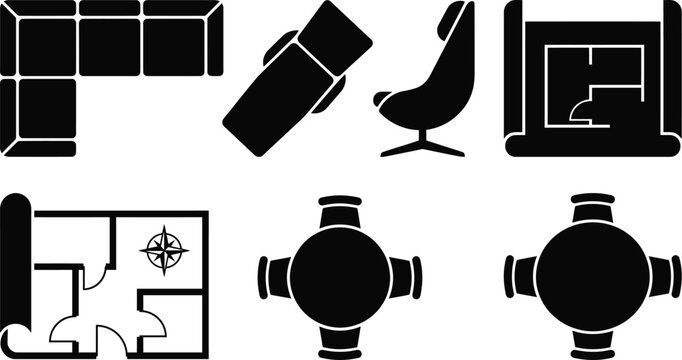 Modern flat pack furniture icons set with chair, sofa, and floor lamp