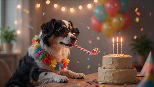 Cute dog wearing sunglasses blowing party horn at birthday cake with candles confetti festive celebration scene