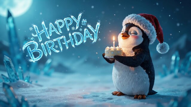 Cute Penguin Holding Birthday Cake in Winter Wonderland with Santa Hat, Glowing Happy Birthday Ice Text 3D Render