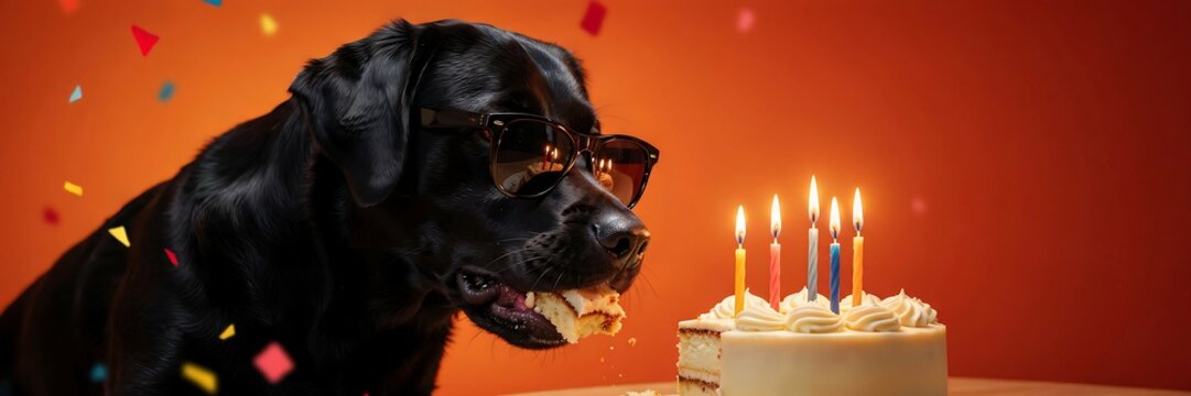 Funny Black Dog Wearing Sunglasses Eating Birthday Cake with Candles, Confetti and Party Celebration Concept Background