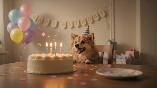 Dog birthday party with cute Pomeranian wearing party hat and glasses, cake candles and festive indoor celebration