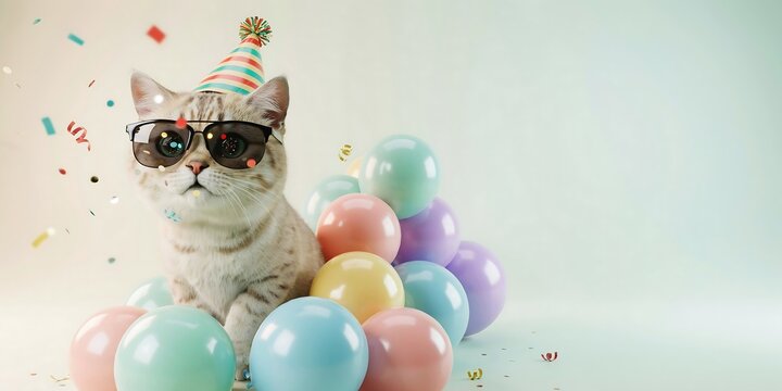 Cute Cat Wearing Sunglasses and Party Hat Surrounded by Colorful Balloons and Confetti on Pastel Background