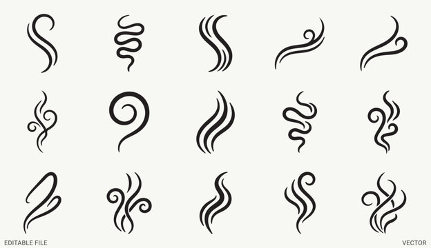 Hand drawn abstract smoke curls steam lines aroma swirl elements set on white background