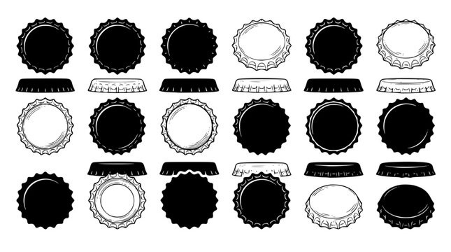 Various black and white bottle cap designs and illustrations