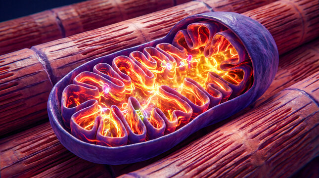 The mitochondria of a muscle cell in the section. Energy supply to muscles during movement and training. The biological structure of the body's cells, the body's energy production
