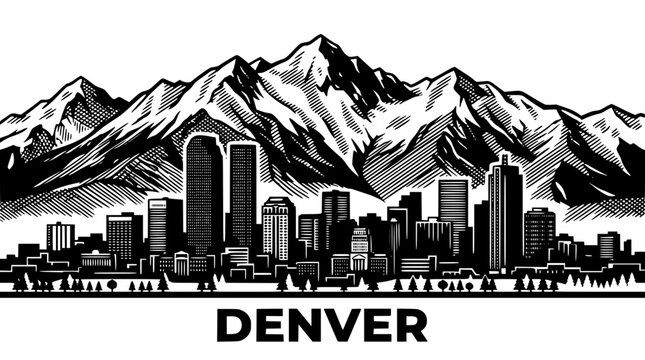 Black and white vector illustration of Denver city skyline and mountains