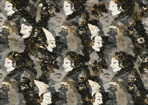Traditional Balinese Topeng Dance Mask Seamless Pattern, Premium Cultural Ornament