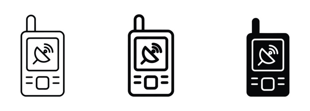 Walkie talkie radio communication icon set, portable wireless transceiver device symbols. Mobile phone icons with signal and receiver on screen in black and white vector illustration.