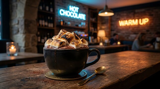 Warm cup of coffee on wooden table in cozy cafe.