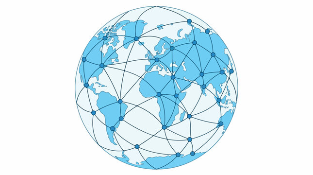 Blue world globe with interconnected network lines and nodes illustrating global connectivity and digital technology