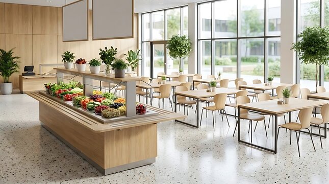 Modern cafeteria dining area with fresh food display and natural light