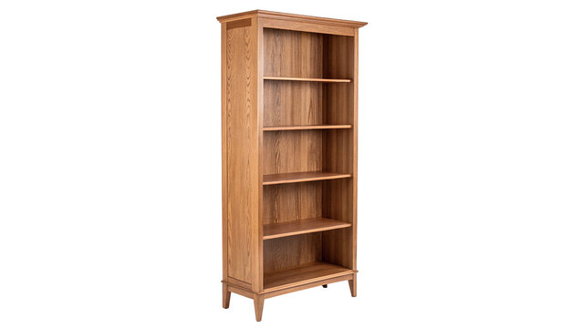 Classic tall brown wooden vertical storage bookcase shelf furniture isolated on transparent background cut out