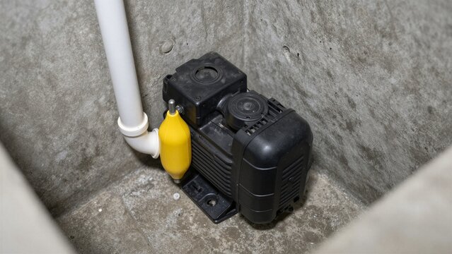 Black submersible sump pump with yellow float switch installed inside a concrete basin for basement flood prevention and automated water drainage.