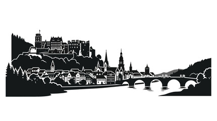 Fototapeta premium Heidelberg Castle and Old Bridge Silhouette, River Neckar Panorama