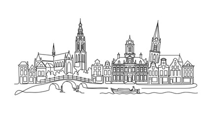 Fototapeta premium Minimalist Line Art Cityscape: Historic Buildings, Bridge, Boat, and River