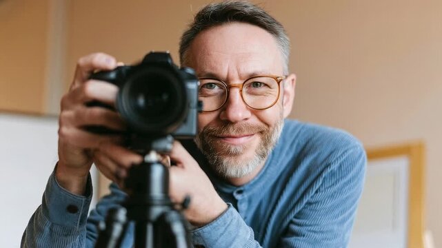Man with glasses holding a camera on a tripod, looking at the lens