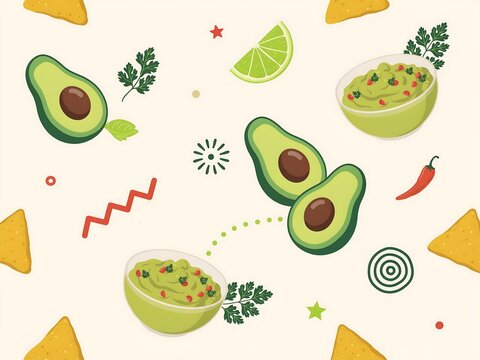 Seamless pattern featuring fresh avocado halves, bowls of guacamole, lime wedges, tortilla chips, and red chili peppers on cream background