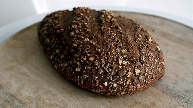 Freshly baked seeded wholegrain bread loaf turning slowly on a wooden board a rustic artisan loaf with a crunchy crust of oats and seeds healthy homemade bread on a bright kitchen background.