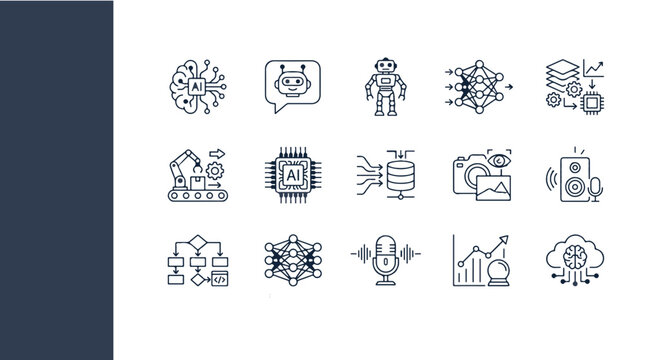 Artificial intelligence line icon set, 15 machine learning and neural network vector elements, modern technology and robotics thin line icons