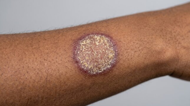 Ringworm fungal infection tinea corporis lesion on human arm skin close up