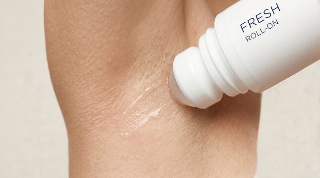 Person applying deodorant roll on antiperspirant to underarm close up