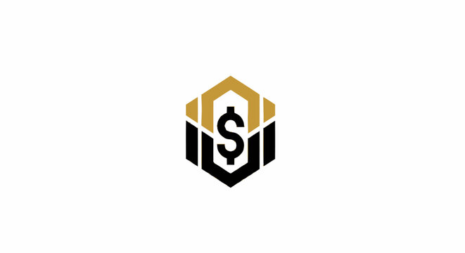 Geometric financial logo icon with dollar sign in gold and black colors on white background.