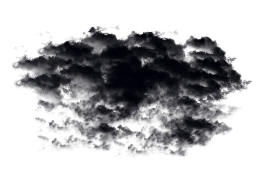 A single dark and heavy storm cloud with deep black texture and soft edges floating isolated in the sky as a visual element on transparent background