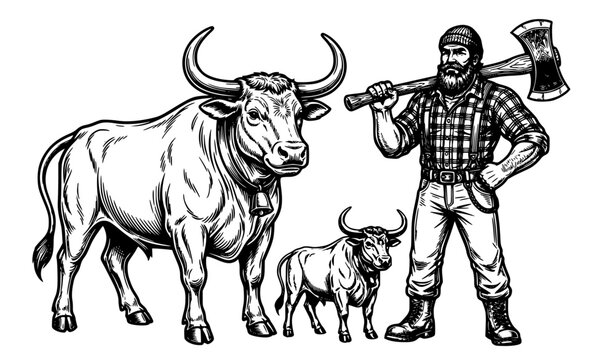 Paul Bunyan and Babe the Blue Ox Black and White Vector Illustration