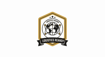 Obraz premium Gold and black logistics emblem badge featuring a globe and ribbon banner on a white background.