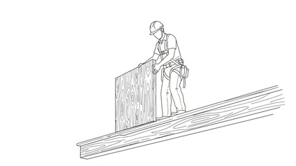 Obraz premium Construction Worker Installing Plywood Panel on Roof Line Art Illustration