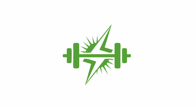 Green barbell and lightning bolt fitness logo icon representing energy and strength.