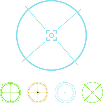 Digital user interface elements presenting various crosshairs and target aiming reticles, symbolizing future technology, precision, and graphic overlay capabilities