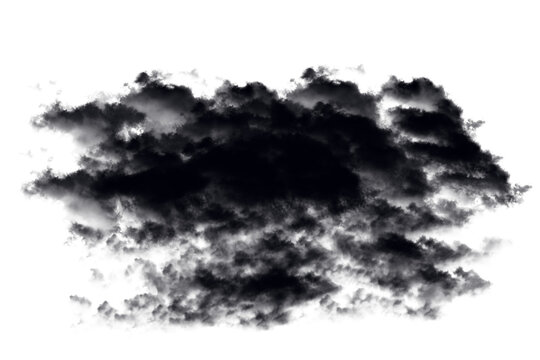 Dense dark storm cloud featuring realistic fluffy texture and heavy weather atmosphere captured in a high resolution isolated cutout graphic element displayed on transparent background
