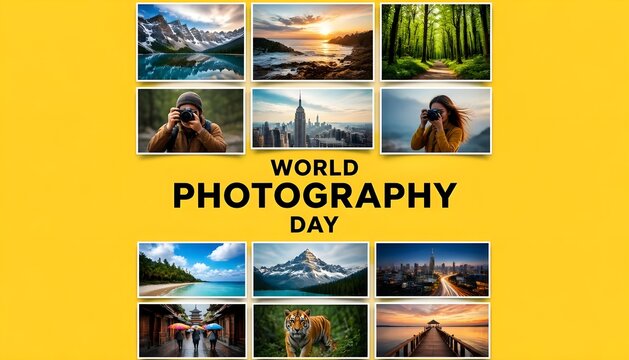 World Photography Day Marketing Banner with Mosaic Grid of Diverse Travel and Nature Photos