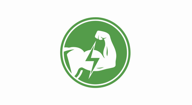 Green circular fitness logo featuring a flexing bicep muscle with a lightning bolt symbol of power.