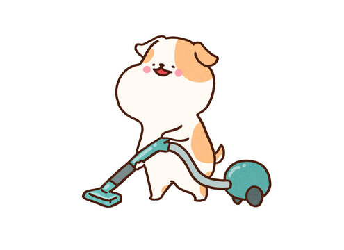 Dog vacuuming the room with a happy smile, housework or cleaning chore concept