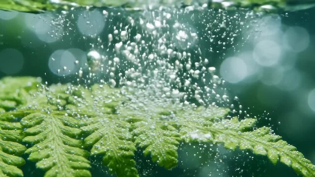 Macro closeup of fern leaf submerged underwater with oxygen bubbles rising, refreshing aquatic plant life footage with shimmering bokeh light effect, natural water environment background.