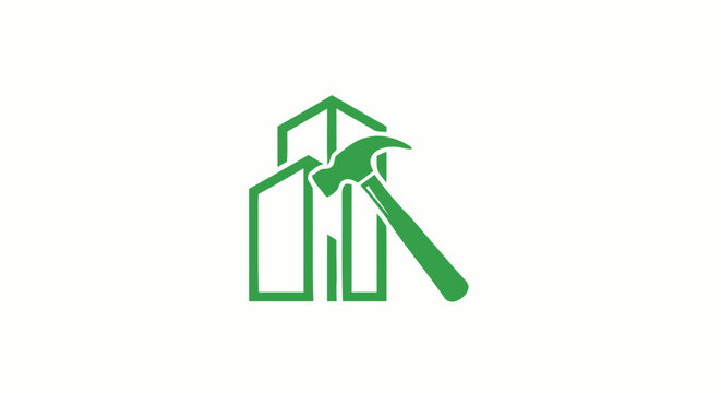 Green construction logo icon featuring building outlines and a hammer representing renovation and development.