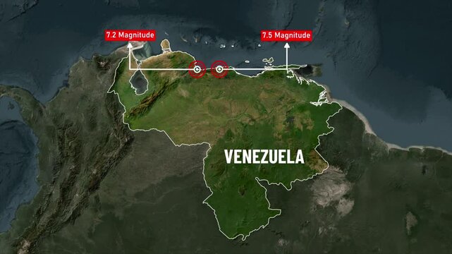 Venezuela Earthquake Map Animation with Epicenter Locations, Magnitude 7.2 and 7.5, Satellite View, Geographic Disaster News, Seismic Activity, South America Motion Graphics 4K