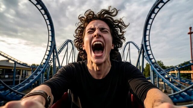 Thrilling roller coaster ride with a screaming passenger experiencing extreme speed and drops
