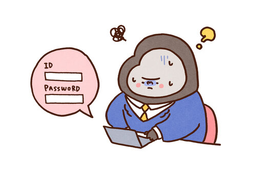 Gorilla in a suit panicking in front of a laptop unable to remember ID and password, login trouble or security concept