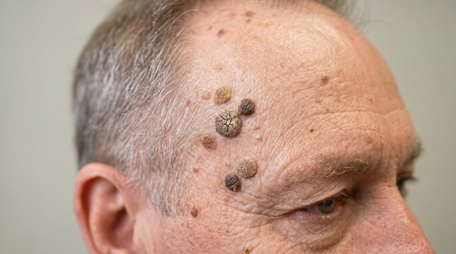 Seborrheic keratosis age spots warts on forehead of senior man face