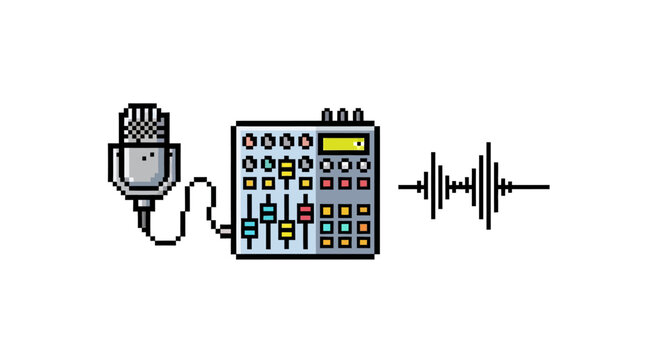 Retro 8 bit pixel art of a recording studio setup with microphone and audio mixer.