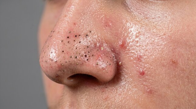 Close up of male nose covered in blackheads and acne pustules breakout